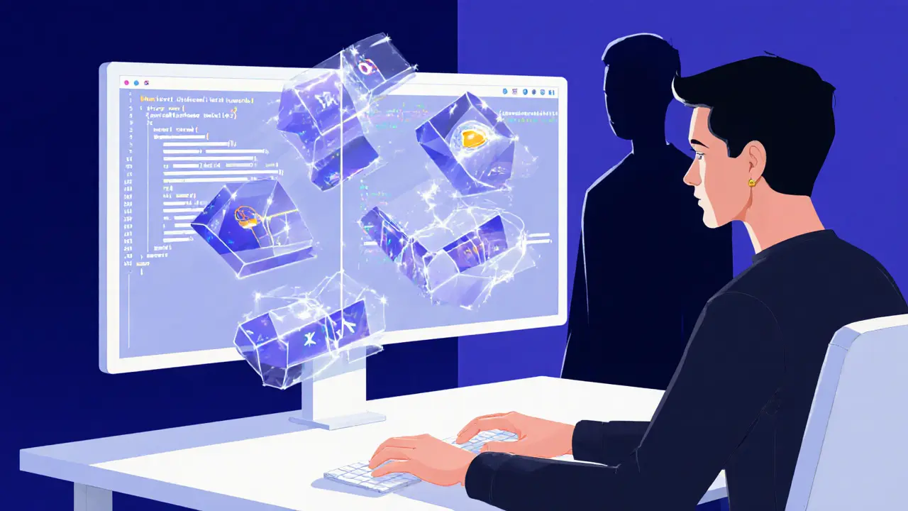 Developer coding Leo language with floating private smart contracts and verifying validator