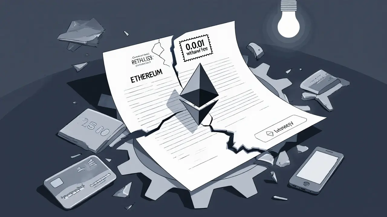 Ethereum coin above a broken bank transfer form with a large withdrawal fee stamp.