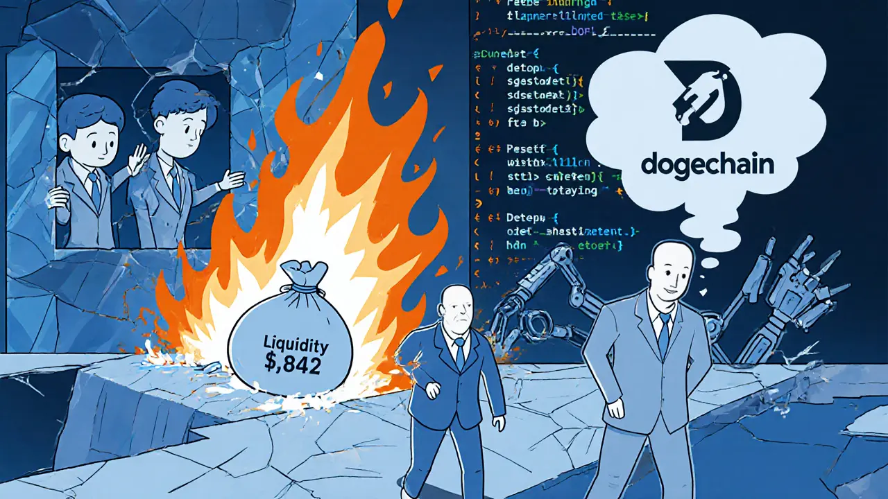 Faceless team walking away from burning smart contract as users reach out helplessly.