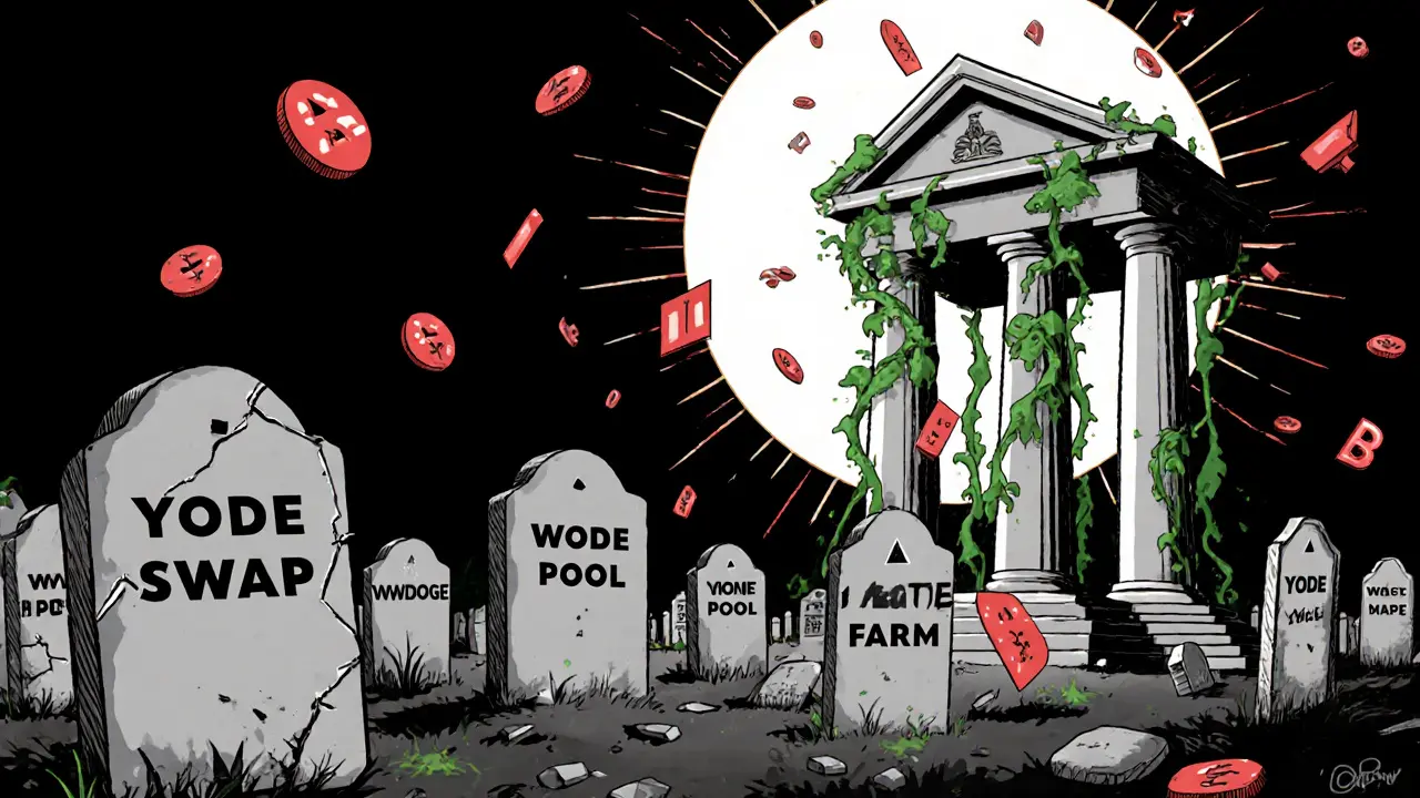 Graveyard of dead crypto projects with one active DEX glowing in the distance.