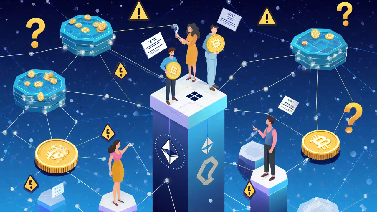 Hexagonal liquidity nodes connected by light beams, users adjusting trading settings on a blockchain pillar.