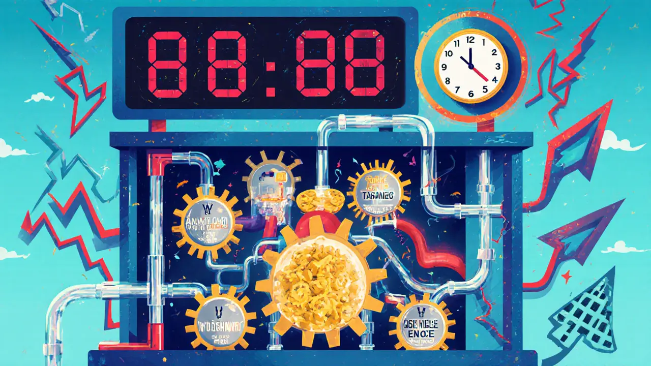 Mechanical heart system with liquidity cogs locking prices, operating flawlessly during market volatility.