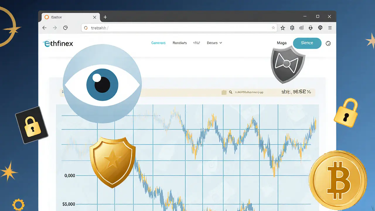 Minimalist crypto exchange interface with transparent order book and symbols of transparency and security.