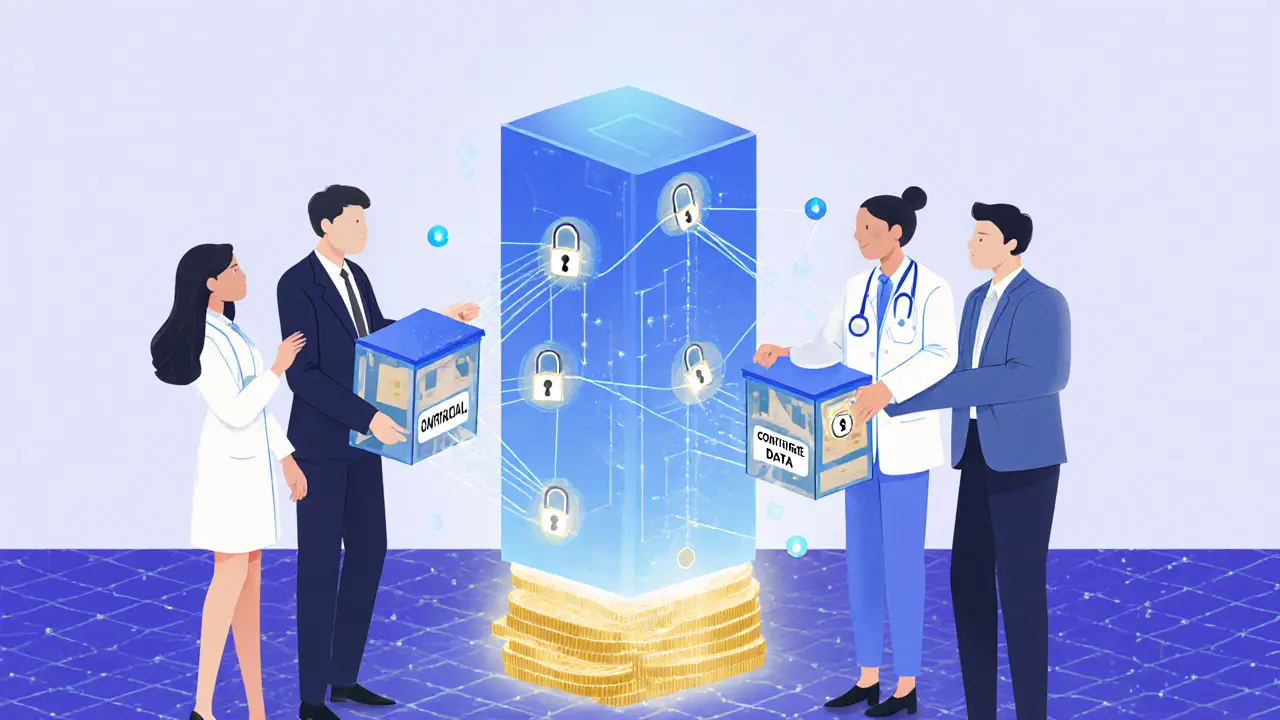 Professionals connected by encrypted data boxes linked to a privacy-focused blockchain tower