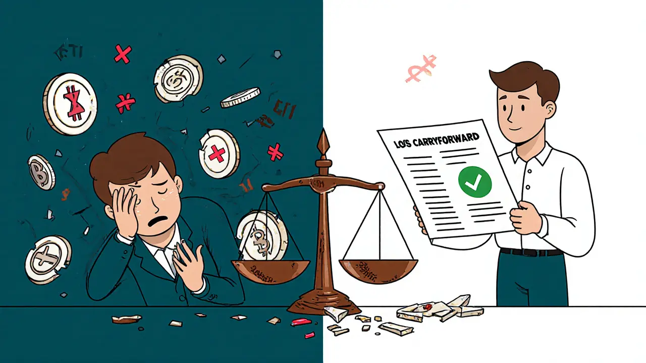 Split scene: frustrated retail investor vs. calm trader, with a broken scale labeled &#039;Loss Carryforward&#039; between them.