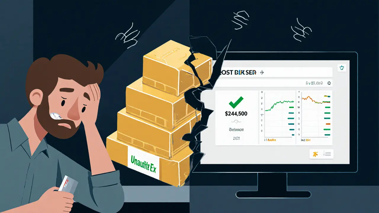 Split scene: frustrated trader vs. satisfied trader, with an unstable insurance fund pyramid between them.