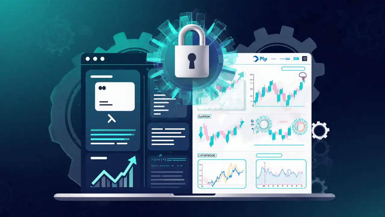 Split-screen trading interface showing simple buy option and advanced dashboard with protective lock