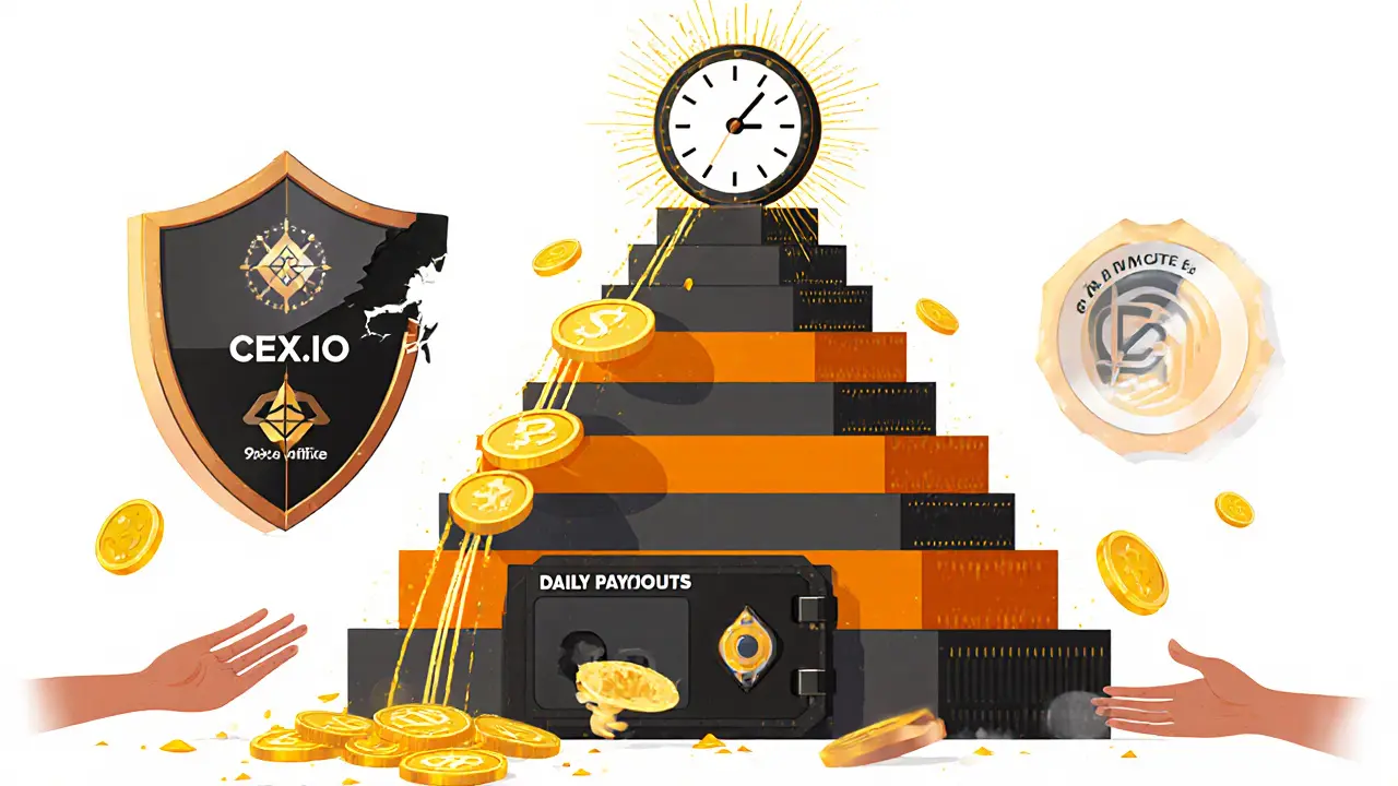 Staking pyramid with daily rewards flowing down from cold storage vault, intact security shield