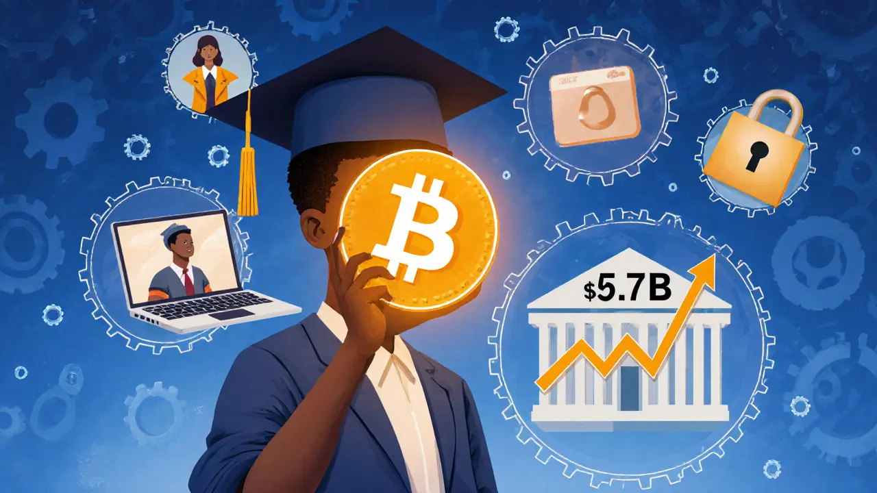 Student holding Bitcoin like a graduation cap, surrounded by symbols of freelancing, tailoring, and broken banking chains.