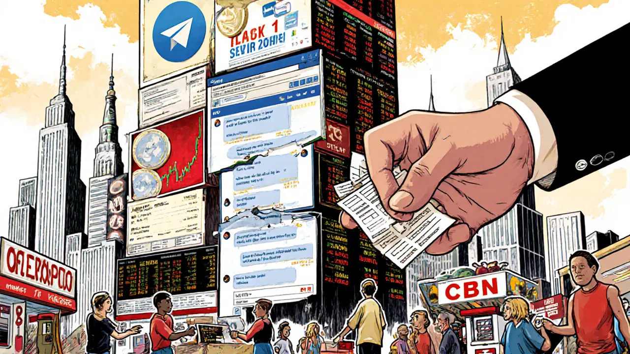 Telegram price board as a cityscape with traders exchanging cash and receipts, CBN hand trying to crush it.