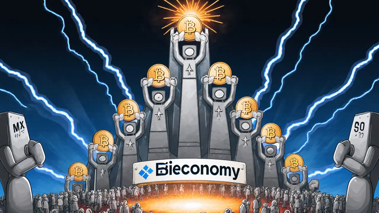 500 affiliate figures ascending a pyramid of BIT tokens in geometric style.