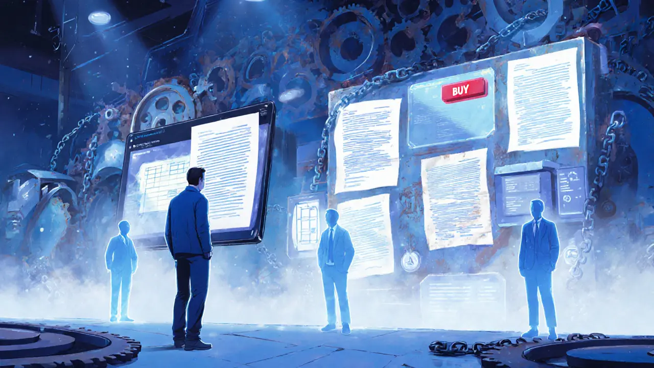 A confused trader facing an overwhelming wall of legal documents in an empty, ghostly marketplace.