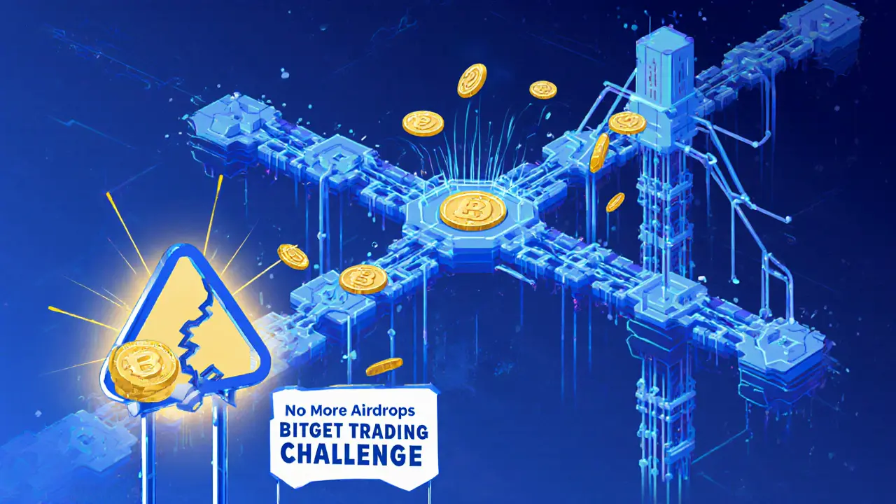 A cross-chain bridge with O3 tokens flowing, beside a sign saying &#039;No More Airdrops&#039; and a Bitget banner.