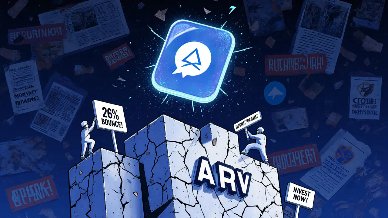 A crumbling ARV statue being climbed by desperate figures, while the ARI Wallet app floats safely above in a different sky.