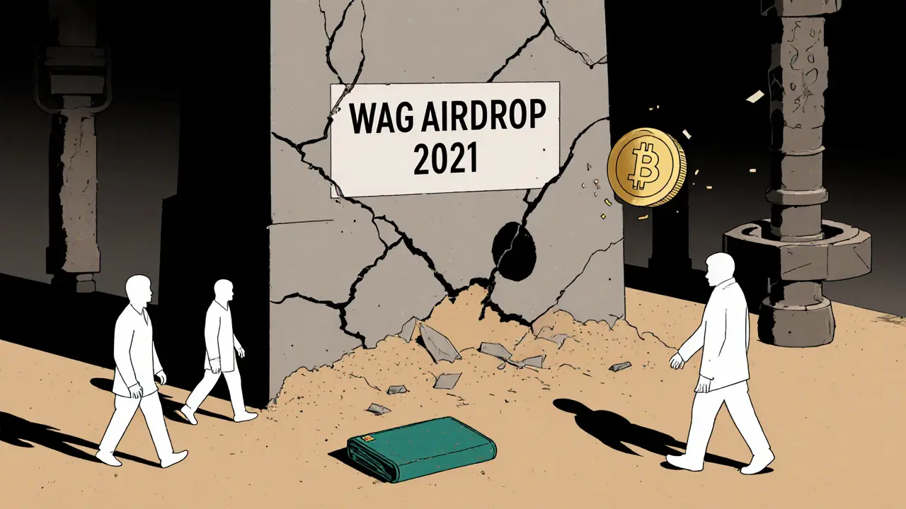 A crumbling monument labeled &#039;WAG Airdrop 2021&#039; with ghostly figures walking away and a lone wallet abandoned below.