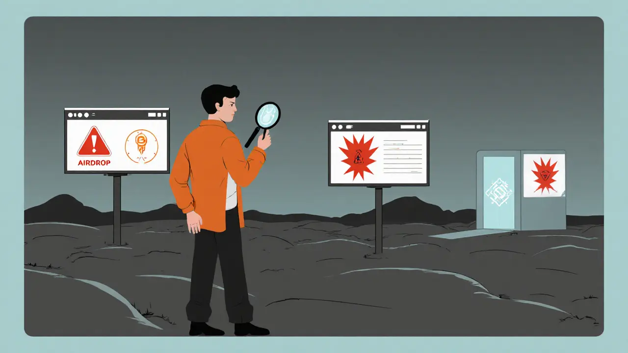 A crypto hunter examining a barren digital landscape with fake airdrop ads, while a quiet blockchain node glows faintly.