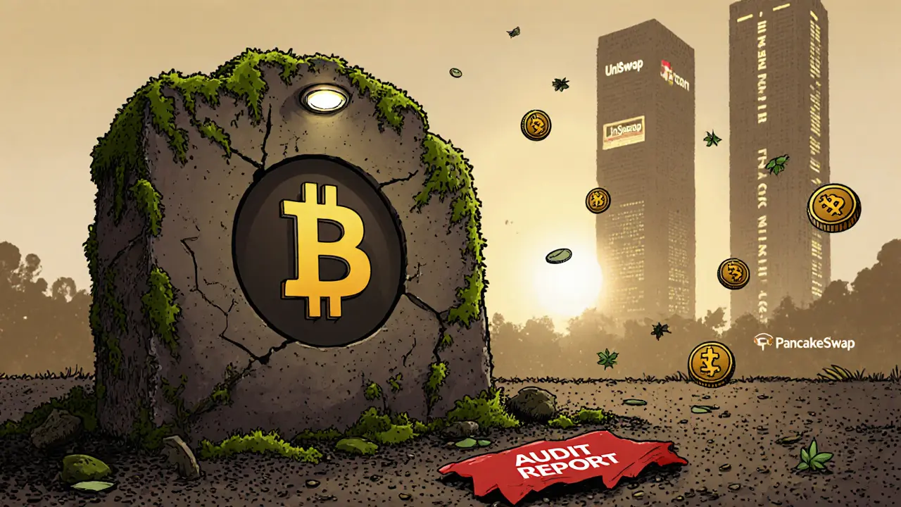 A decaying 1BCH.com monument overshadowed by thriving DEX towers in the distance.
