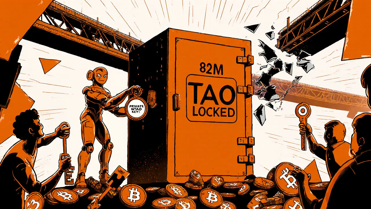A lone guardian holds the only key to a vault containing  million in locked TAO, while users look on anxiously.