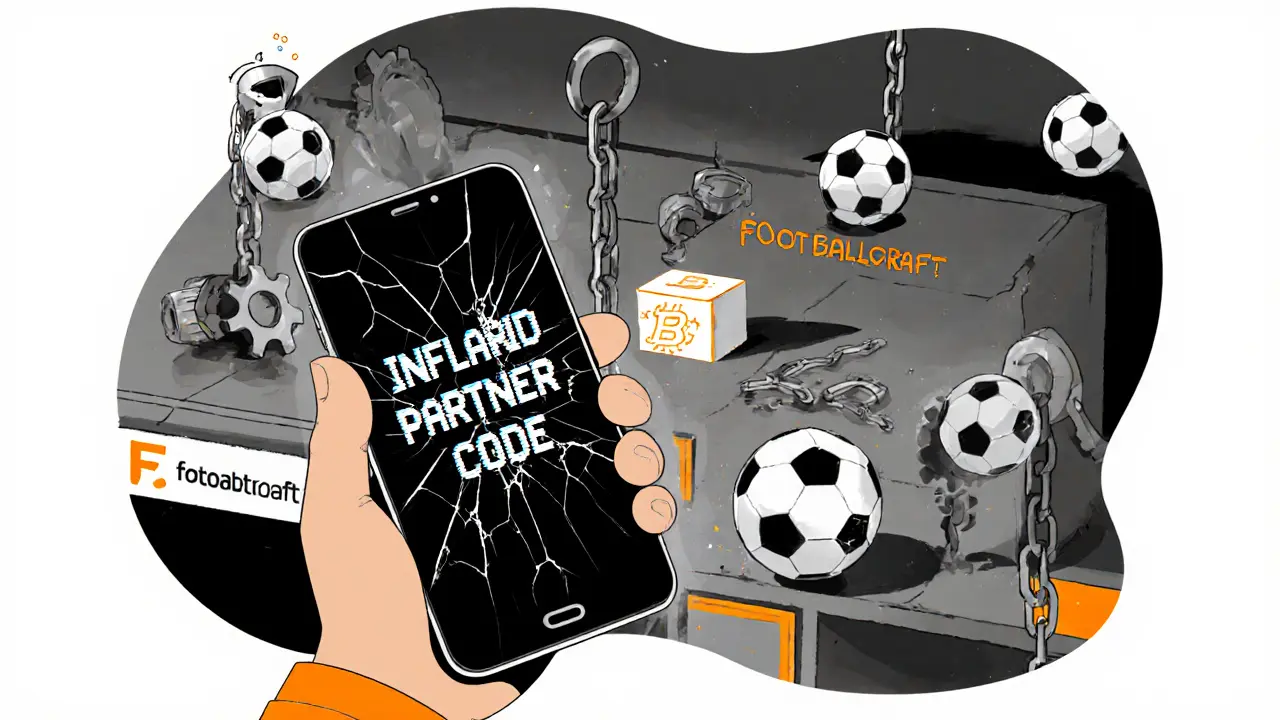 A man stares at a phone showing &#039;Invalid Code&#039; while a factory produces NFT boxes made of footballs and blockchain links.