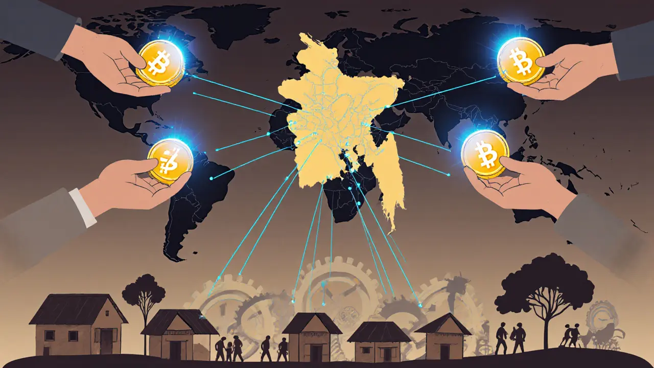 A network of hands passing USDT coins across Bangladesh, linking overseas workers to rural families through digital and physical connections.