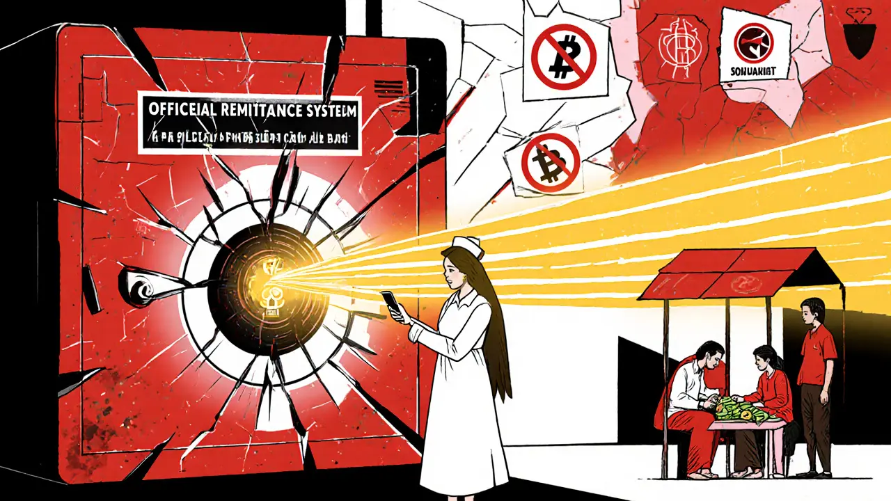 A nurse in Riyadh sending crypto to her family in Sylhet, while a broken bank vault crumbles behind her, symbolizing bypassed traditional finance.