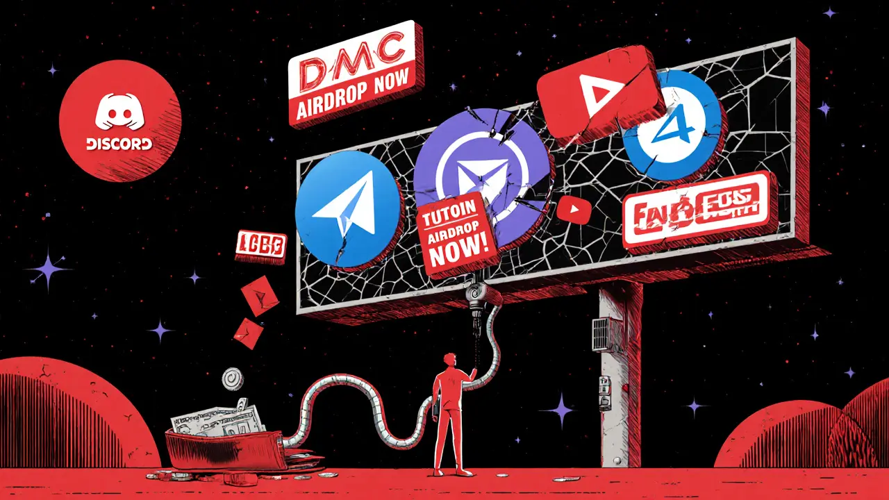 A person connects their wallet to a draining cable while fake airdrop ads float around them.