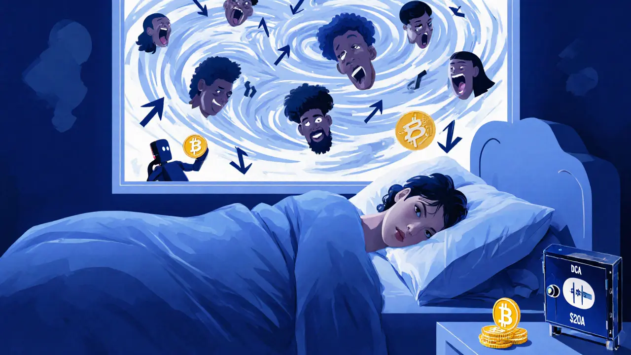 A person sleeping peacefully while crypto chaos rages outside, with an automated buyer depositing Bitcoin inside.