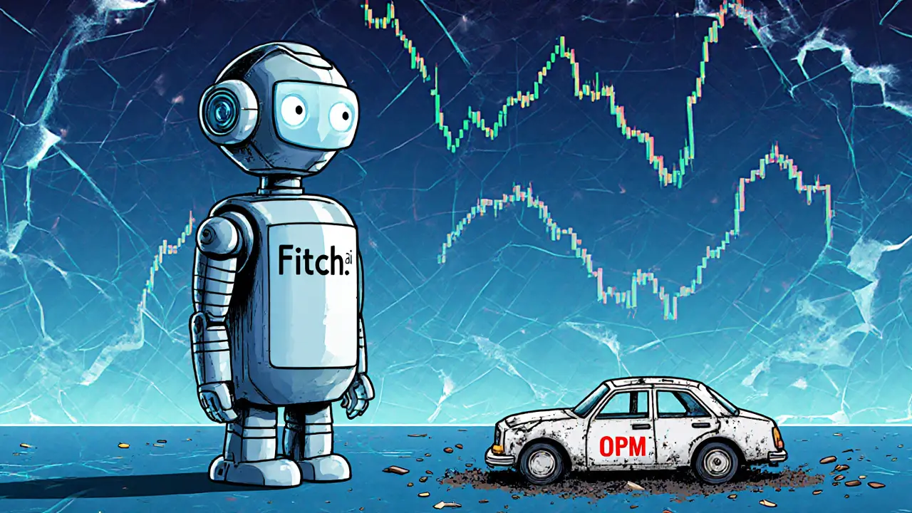 A powerful AI robot stands tall beside a broken toy car labeled OPM in dusty ruin.