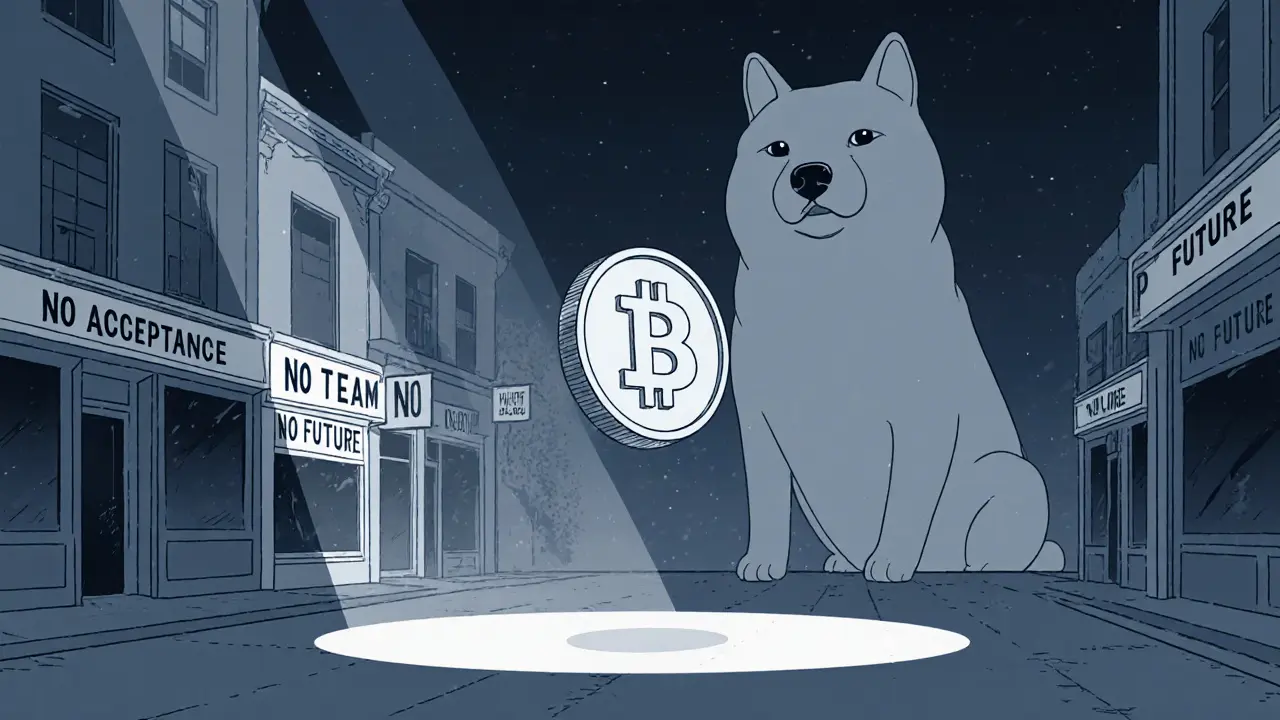 A single floating American Coin token above an empty marketplace, with distant shadows of Dogecoin and Shiba Inu looming.