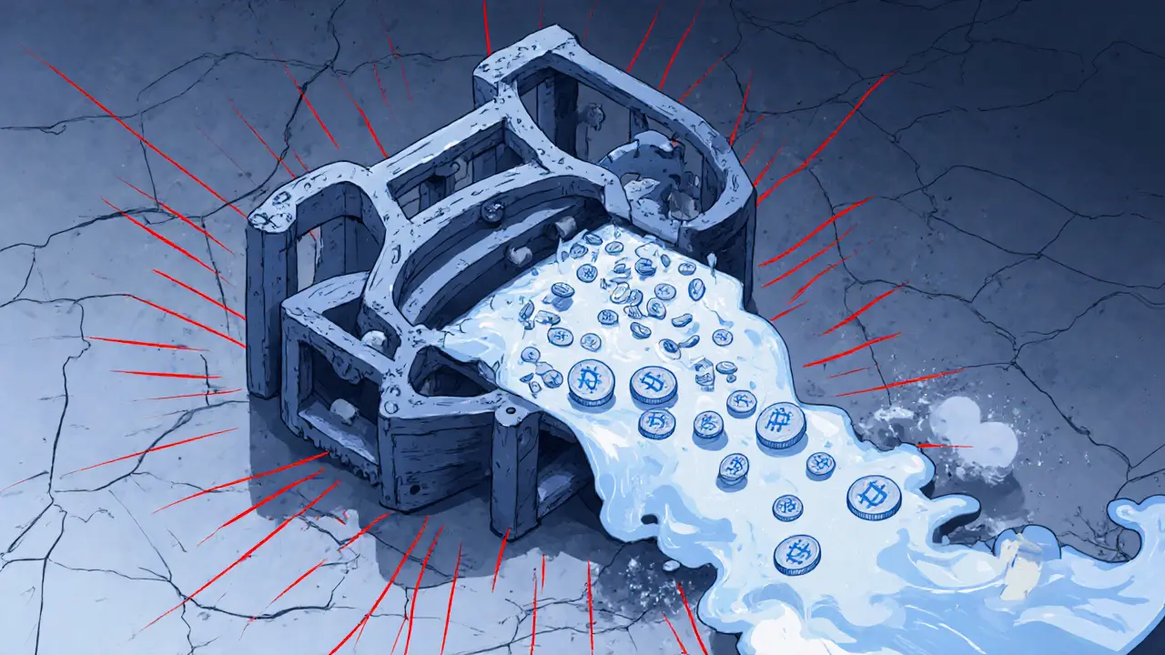 A Solana blockchain node made of steel beams streams billions of NEVER tokens, most frozen, with warning lines radiating in cold industrial tones.