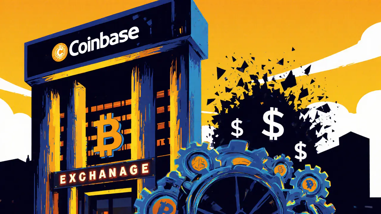 A strong, secure crypto exchange tower contrasted with a crumbling ghostly silhouette of Paycml in the background.