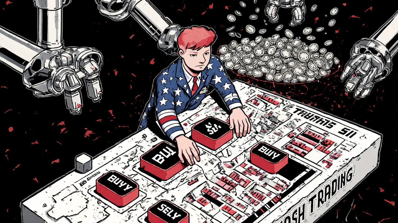 A trader in a pixelated flag suit pressing buttons on a broken control panel as robotic arms dump coins into a bottomless pit.