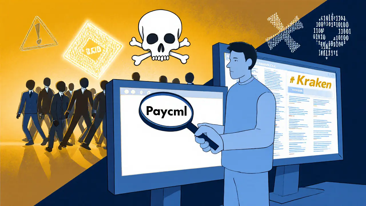 A trader inspecting a blank Paycml screen while others walk away toward legitimate exchanges in golden light.