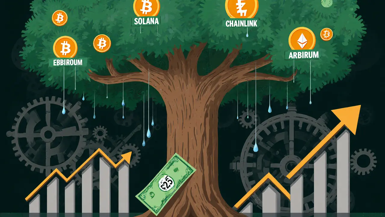 A tree with Bitcoin and Ethereum as the trunk, altcoins as branches, and stablecoins as roots.