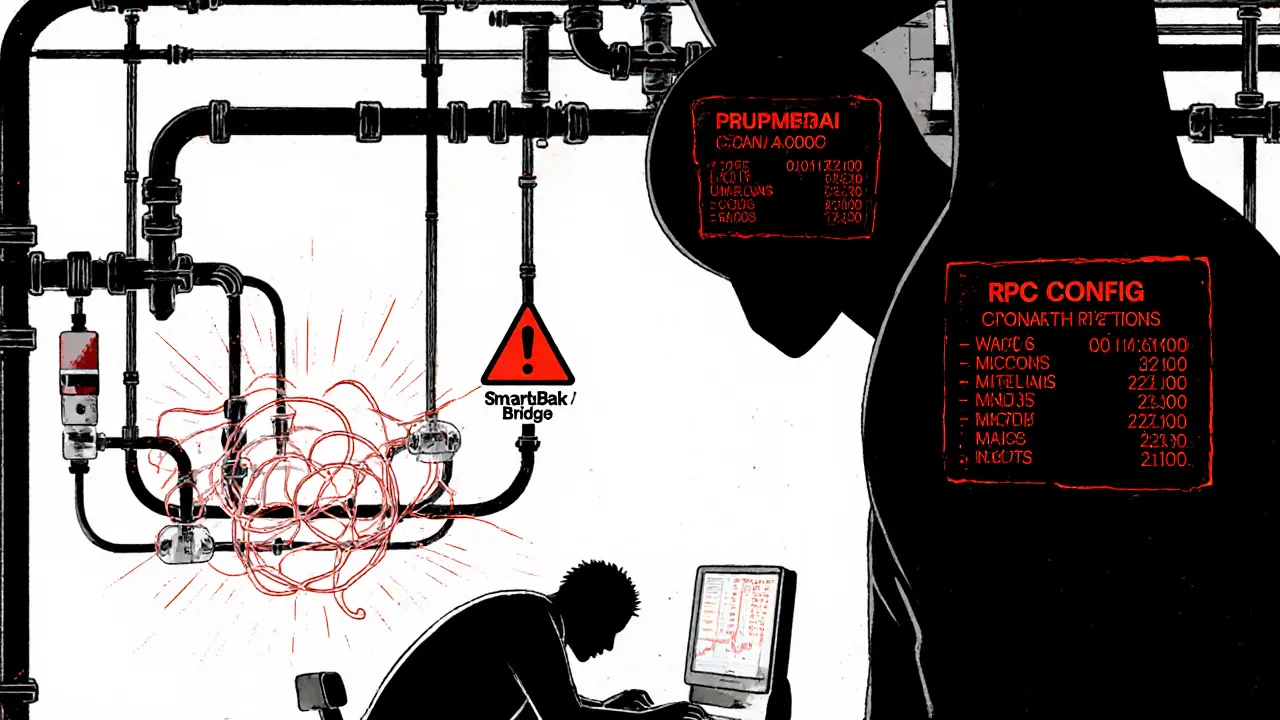 A user struggling with complex wallet connections while a giant exchange looms behind.