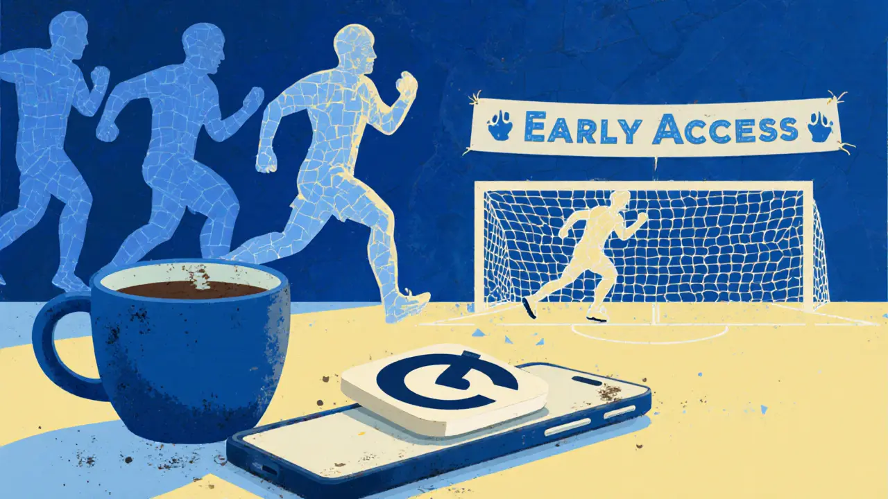 An abandoned phone with the Footballcraft app icon beside a coffee cup, ghostly users fading as a digital football runs endlessly.