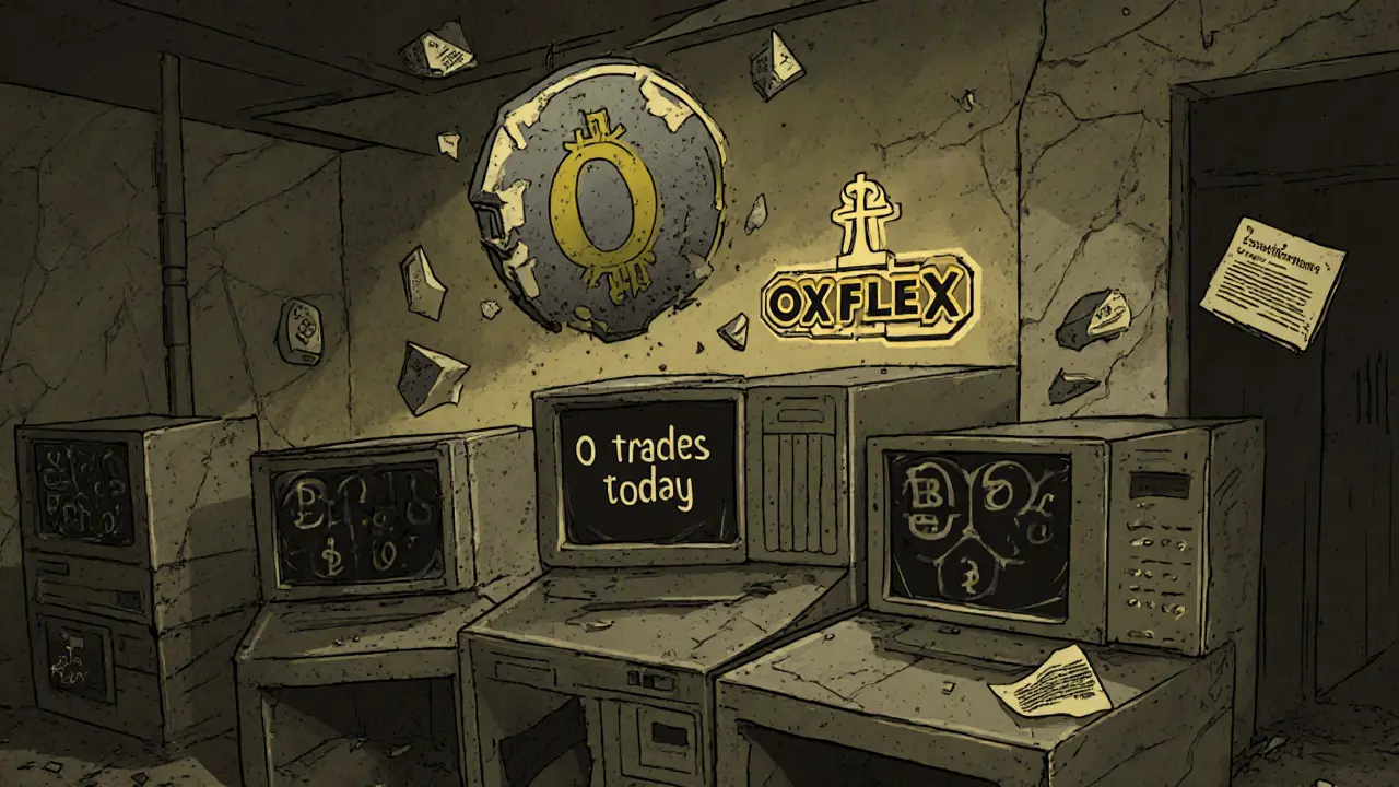 An abandoned server room with dead screens and a decaying OX token floating like a tombstone.