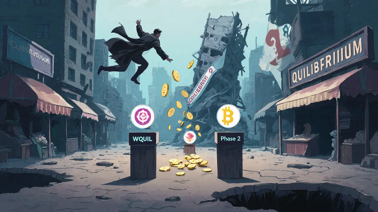 An empty digital marketplace with three flickering dApps and a trader tossing WQUIL coins into a void labeled &#039;Speculation&#039;.