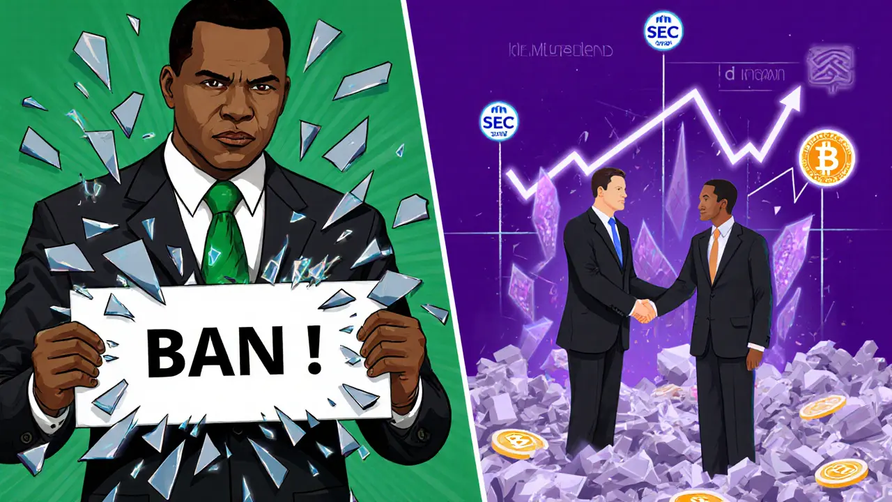 CBN official shattering a ban sign as SEC regulator shakes hands with licensed crypto platforms emerging.