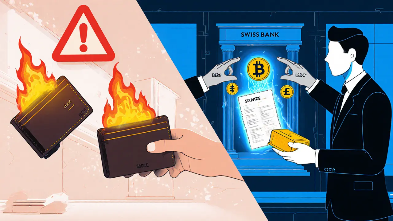 Chaotic exchange vs. serene Swiss bank with glowing multi-signature wallets and stablecoin flow