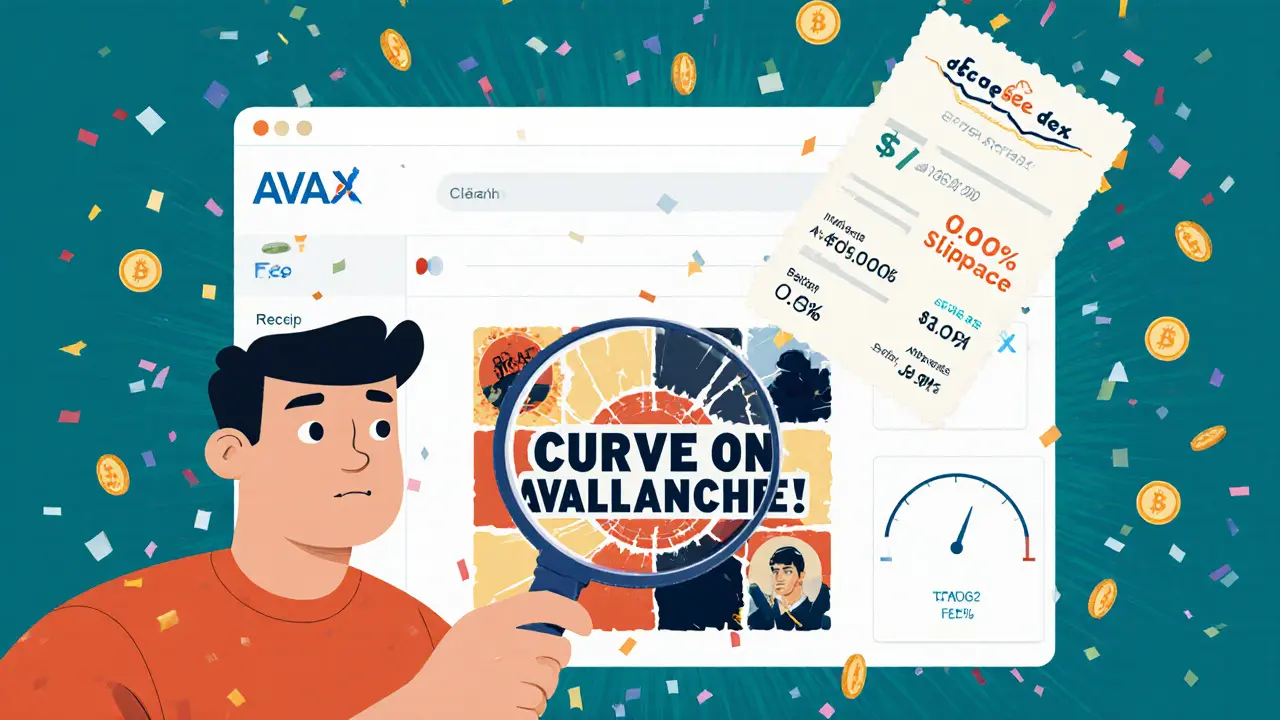 Confused trader examining misleading &#039;Curve on Avalanche&#039; ad while Trader Joe DEX interface glows with low fees