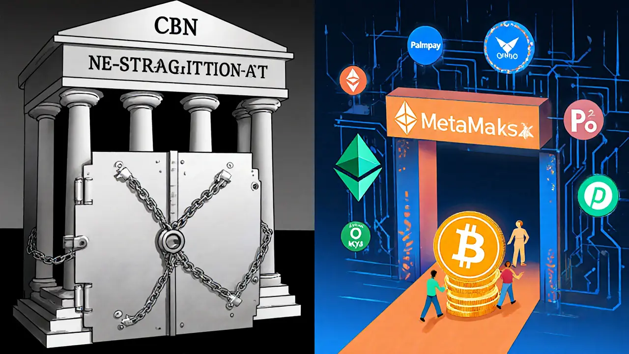 Contrasting scene: blocked bank vault versus open digital crypto gateway with payment methods and verification icons.