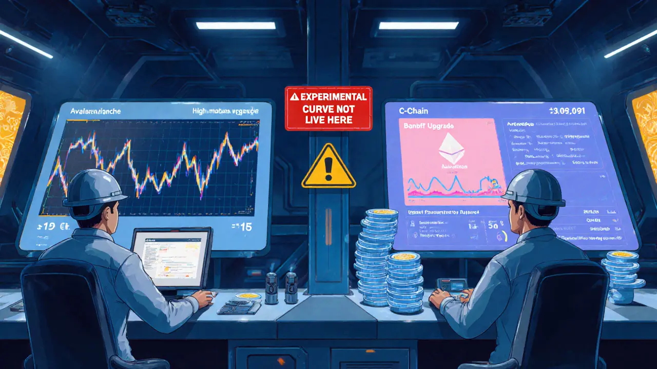 Control room comparing slow, expensive Ethereum with fast, cheap Avalanche, warning sign &#039;CURVE NOT LIVE HERE&#039;
