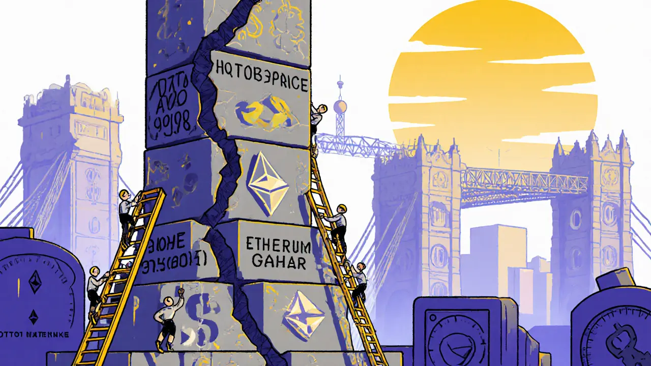 Crumbled HQ price monument with gas fee climbers and dominant whale wallets in industrial style