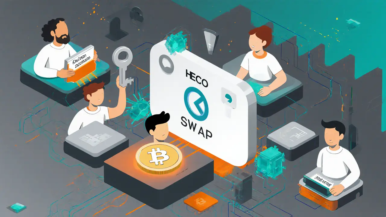 Digital users exchanging tokens on a unified O3 Swap interface with locked tokens being unlocked.