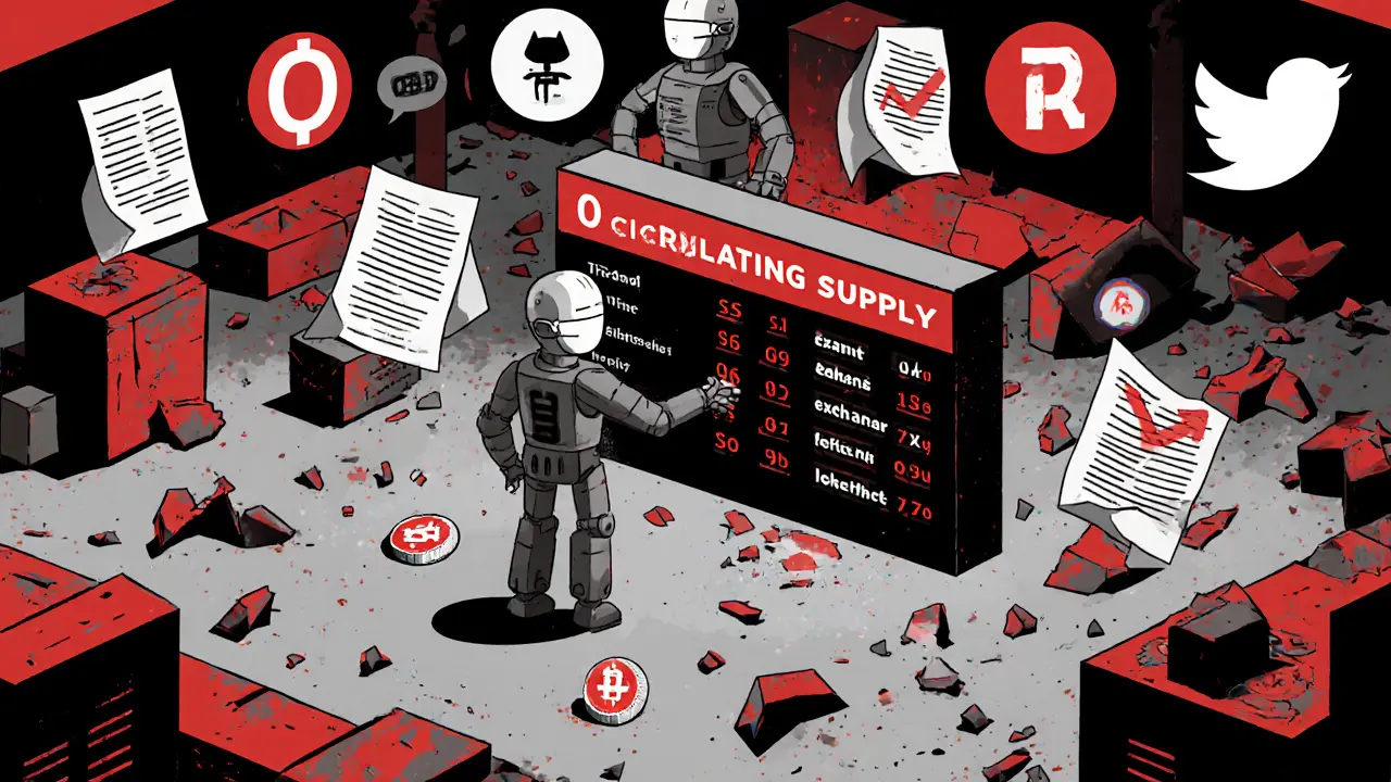 Faceless traders exchanging invisible tokens on a board marked &#039;0 Circulating Supply&#039;.