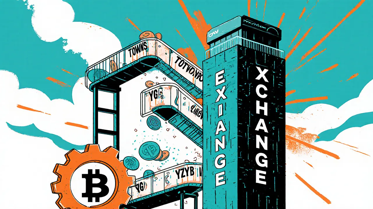 Factory conveyor belts delivering airdrop tokens beside a quiet CWT reward gear