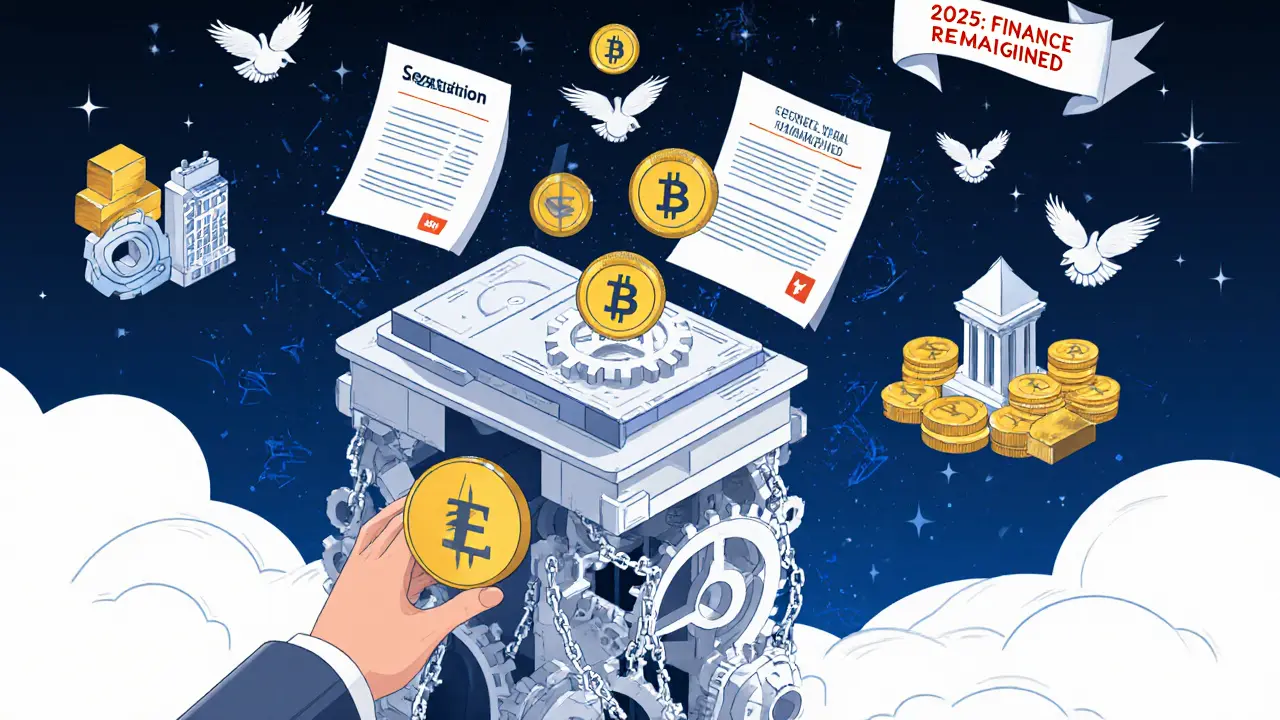 Futuristic bank dashboard sculpture converting fiat to crypto tokens amid legal compliance banners