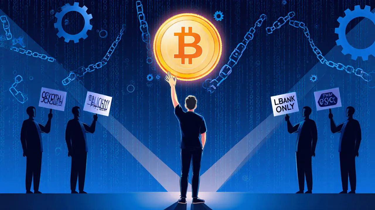 Lone investor reaching for a floating OCADA token while shadowy figures block the path.