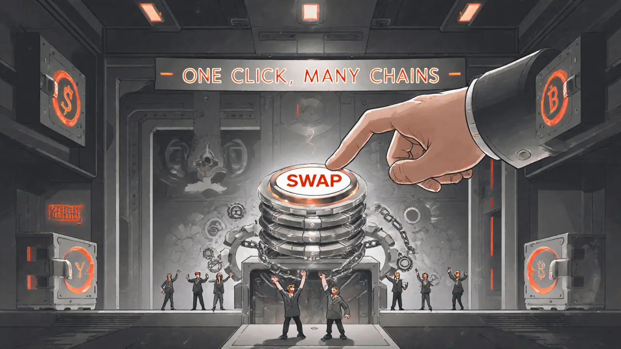 Mechanical hand initiating a cross-chain swap with gears and vaults spanning multiple blockchains